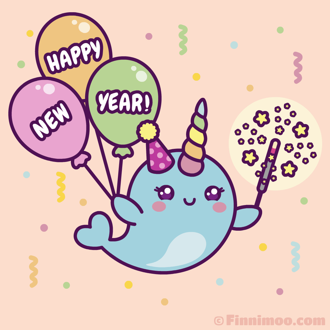 Adorable Narwhal Finnimoo With Sparkler And Happy New Year Balloons Kawaii Cartoon