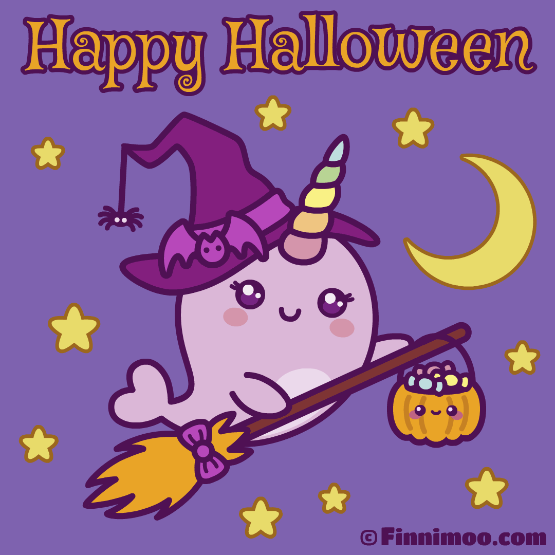 Little Witch Narwhal Is Riding A Broom On Halloween Gif Picture