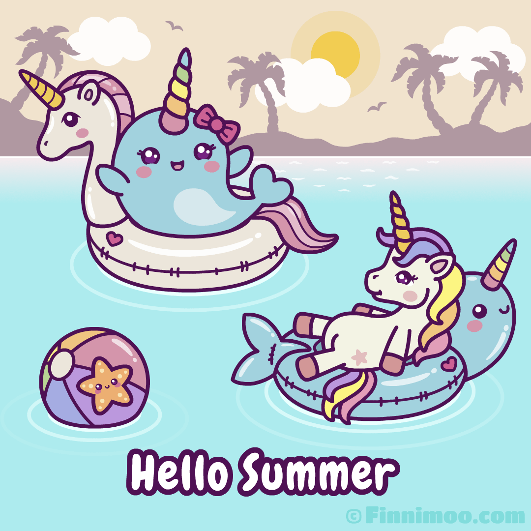 Cute Narwhal And Unicorn On Pool Floats Welcome The Summer Gif Animation