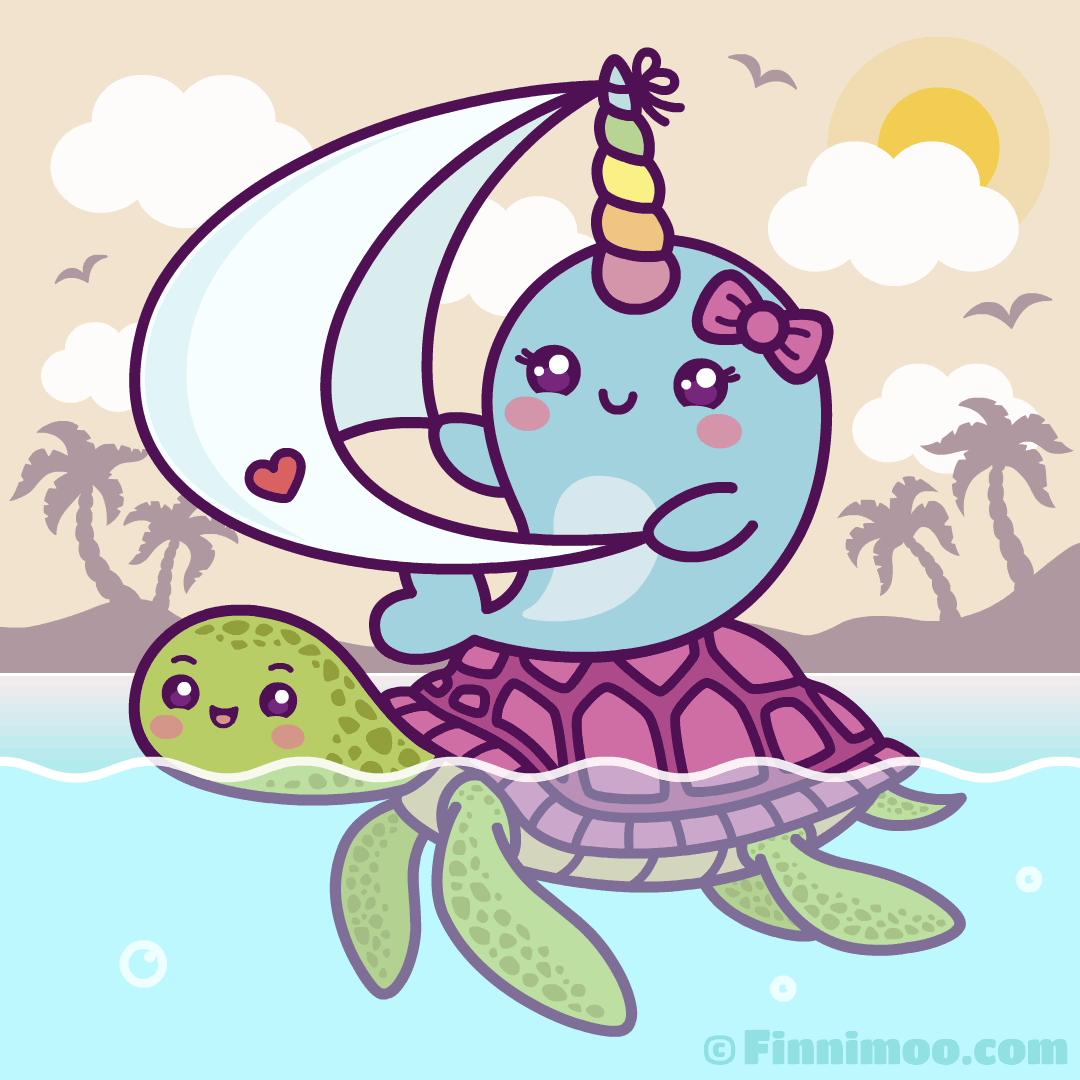 Cute Cartoon Narwhal Is Sailing On A Funny Sea Turtle