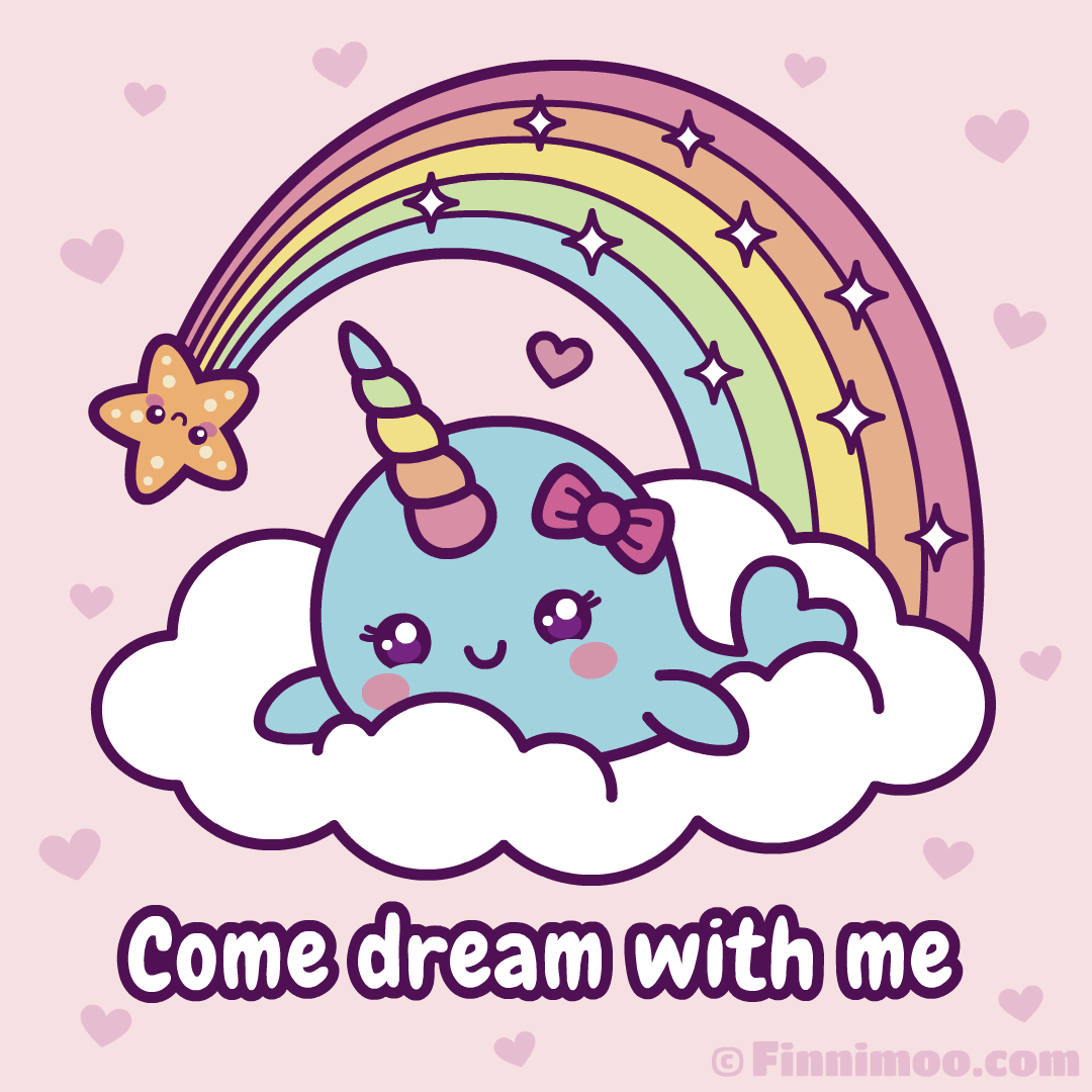 Cute Narwhal On A Fluffy Cloud Dreams Under A Sparkly Rainbow