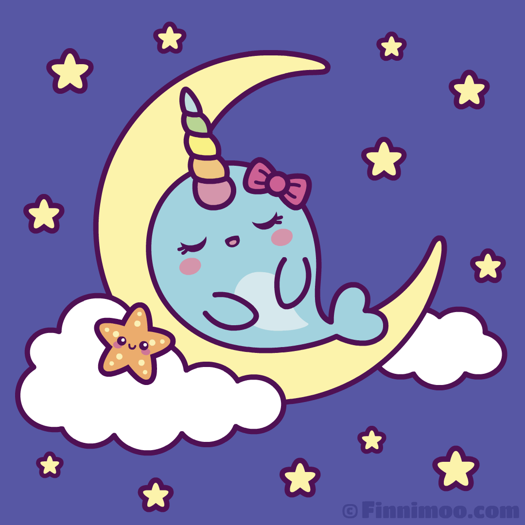 Little Narwhal Girl Dreams She Is Sleeping On A Crescent Moon