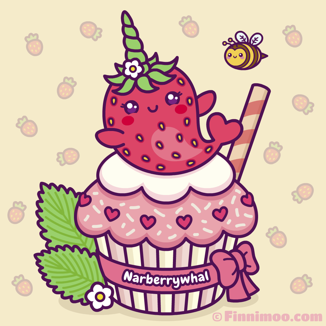 Narberrywhal - Adorable Strawberry Narwhal On Cupcake