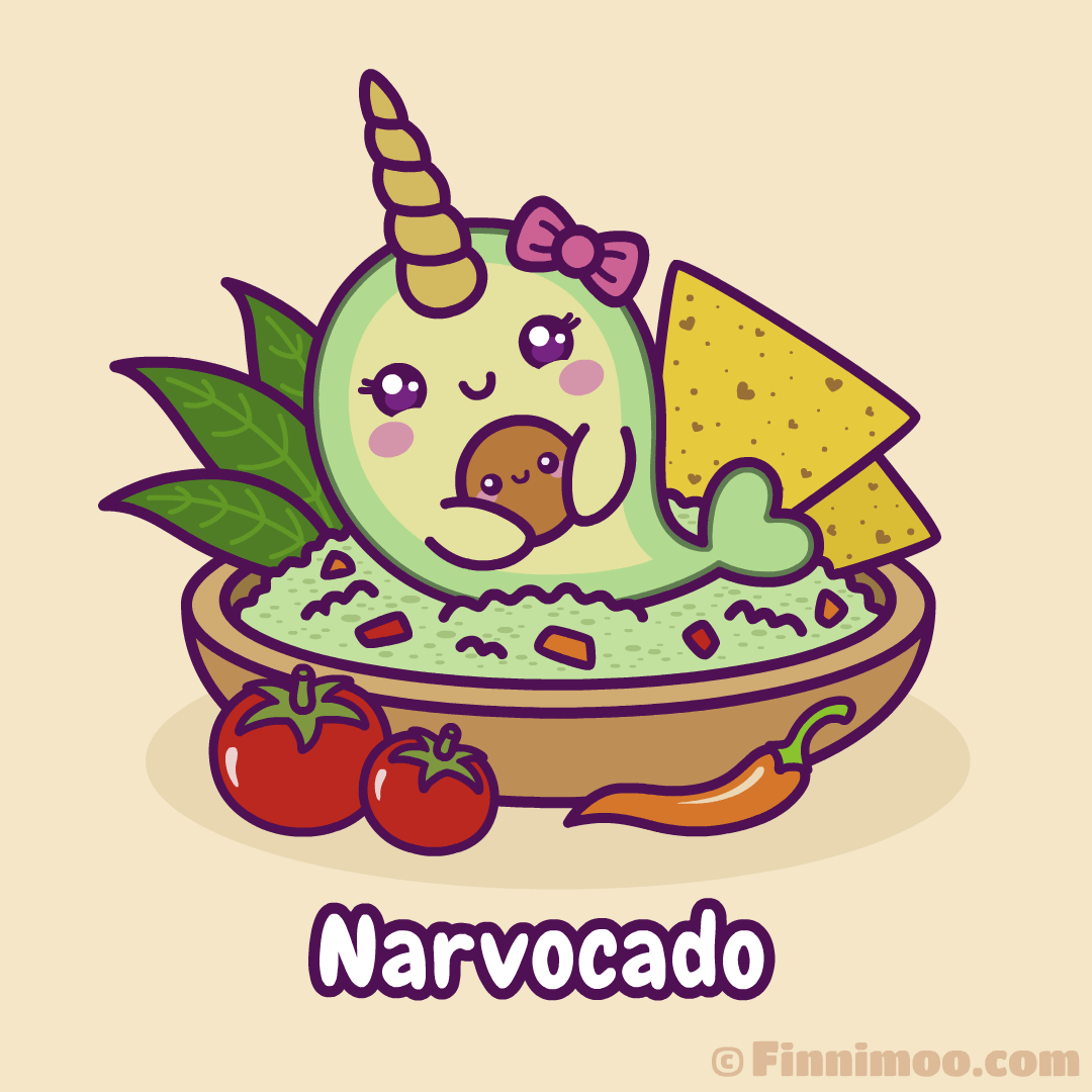 Narvocado - Cute Little Kawaii Avocado Narwhal Bathing In Guacamole Bowl
